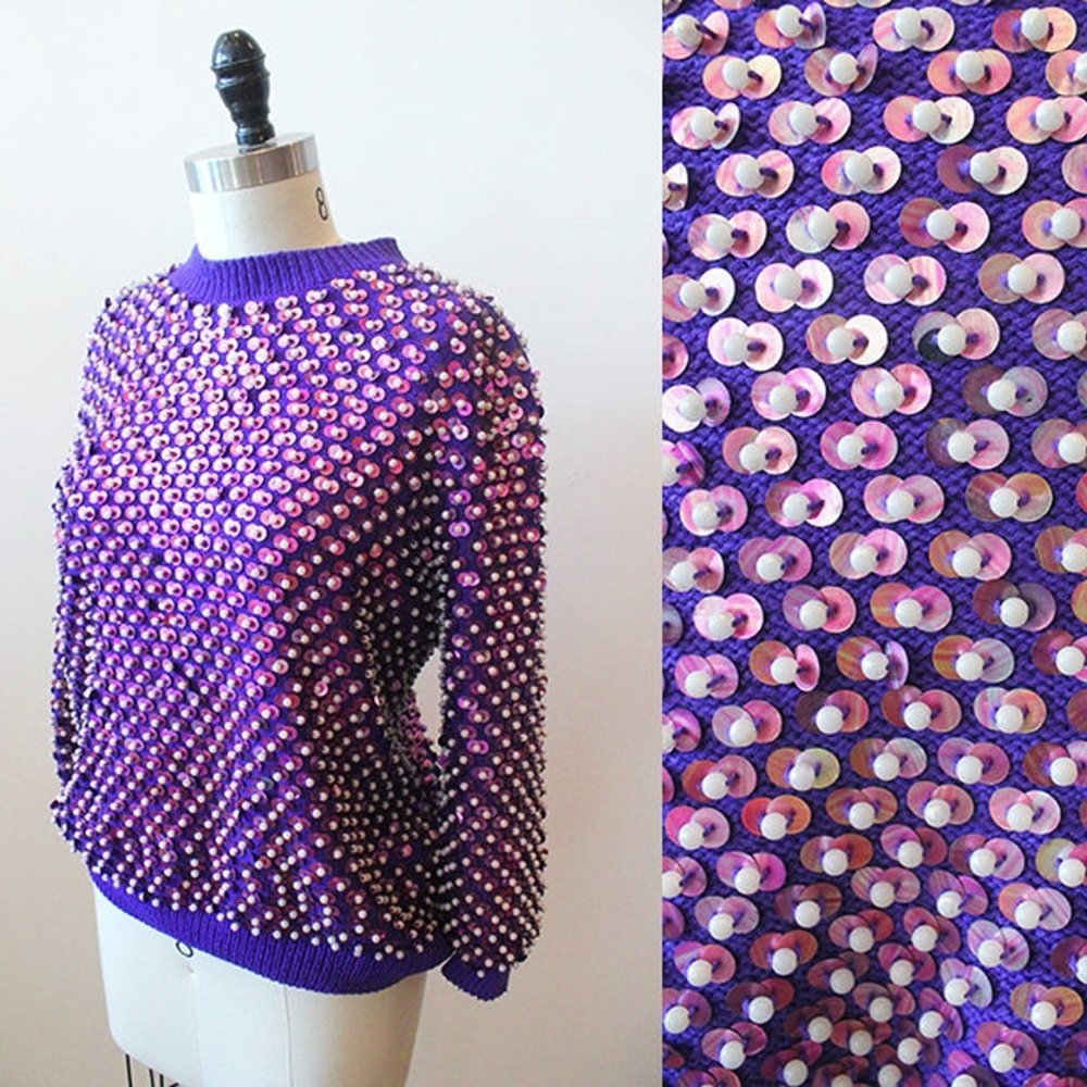 Vtg Purple Beaded Sequin Disc Cropped Knit Sweater